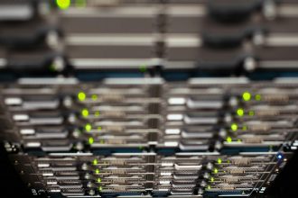 From above contemporary server cable trays without wires located in modern data center