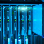 Detailed view of a server rack with a focus on technology and data storage.